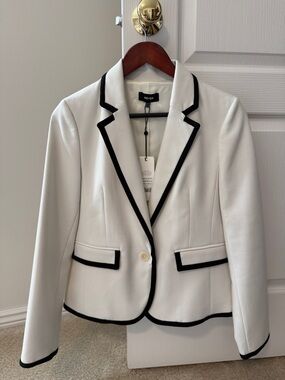 ME+EM Cropped Bound Edge Cream blazer with black piping trim | UK 10 US 6